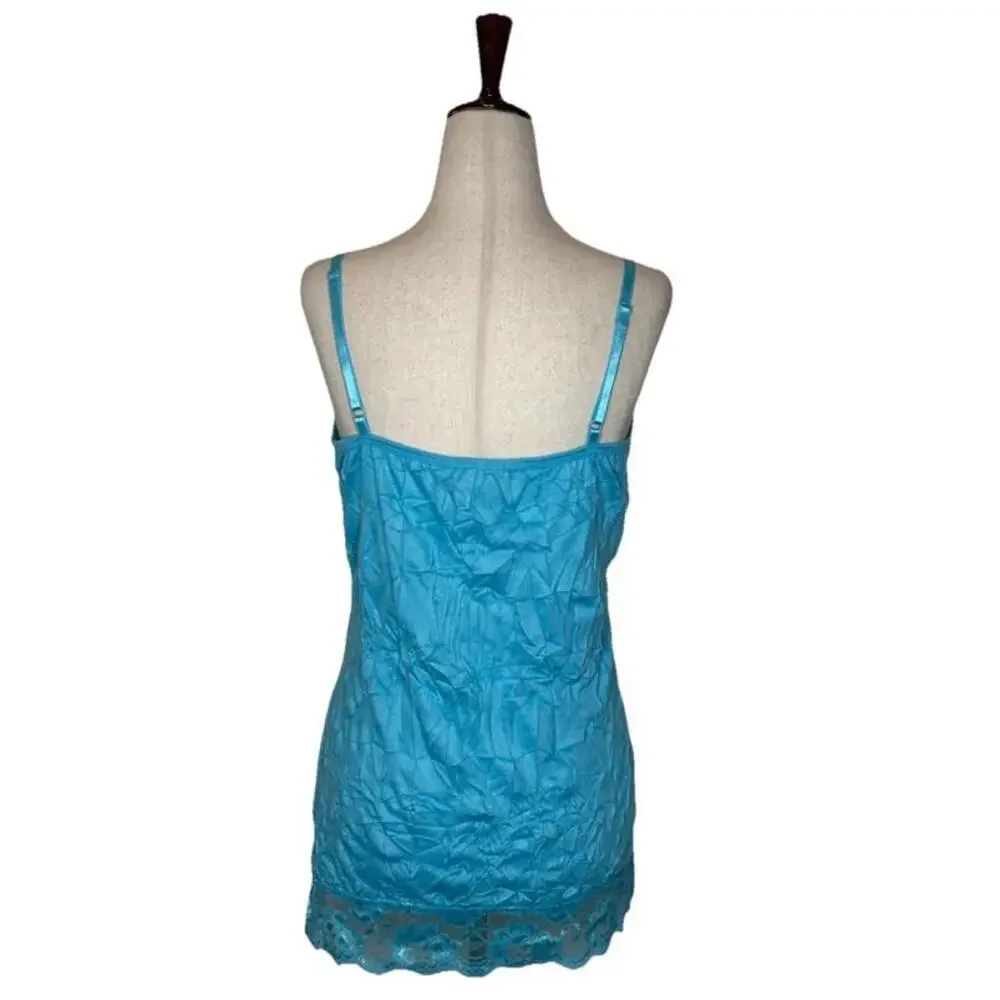 Lace Trim Cami Top Size L Crinkle Turquoise Layering Tank Y2K Fairycore Coquette - Picture 3 of 9